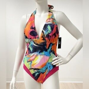 NWT  New York & Company One Piece Swimsuit Abstract Floral Halter Pink Blue M
